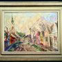 Vladimir Spasić <br>A Jewish street in Sombor, 1956 <br>Oil on canvas, 75 × 56 cm <br>On the back: Владимир Спасић – сценограф Народно позориште Сомбор Јеврејска улица у Сомбору  7-V-1956 (Vladimir Spasić – scenographer National  Theater Sombor A Jewish s